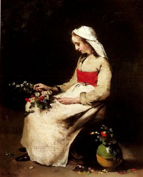 Theodule-Augustin Ribot : A Girl Arranging A Vase Of Flowers